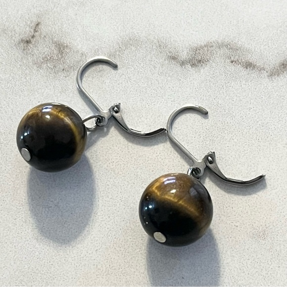 Tigers Eye Bead Latch Back Earrings - Picture 7 of 11
